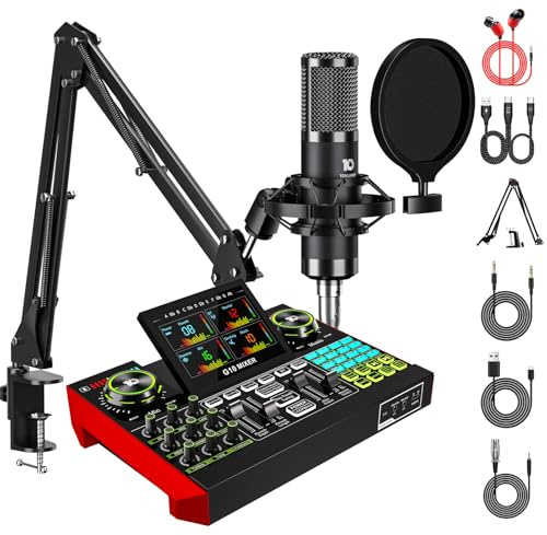 podcast equipment, bestehend aus einem Audio mixer Mischpult und einem 3,5-mm-Kondensatormikrofon, geeignet für PC und Smartphones, für Live-Singen. Das Soundboard unterstützt die voice changer