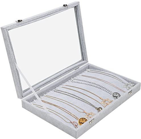 Belle Vous Schmuck Aufbewahrung mit 20 Haken & Abschließbaren Glasdeckel, Stapelbare Schmuckaufbewahrung Grau Samt Schmuckkästchen für Ketten, Armband Aufbewahrung & Schmuckaufbewahrung Ohrringe