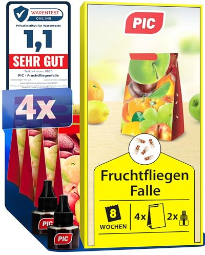 PIC Fruchtfliegenfalle Küche, 4 Klebefallen 2 Lockstoffe, Obstfliegenfalle | Lockstoff auf Essigbasis, bis zu 8 Wochen je Falle wirksam gegen Obst- und Essigfliegen, kinderfreundlich