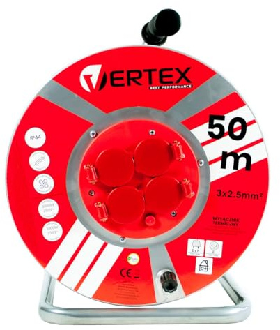 VERTEX Kabeltrommel Metall, 3x2,5mm², IP44, SCHUKO-Erdung, 4 Steckdosen, langlebig, hochwertiges Kabel, Thermosicherung, für Innen- und Außenbereich