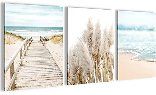 Novart Wandbilder Set Wohnzimmer Strand Dünen Ostsee Nordsee - KOMPLETT AUFHÄNGFERTIG - Schlafzimmer Deko - 3 Moderne Strandbilder Meer - N004835a