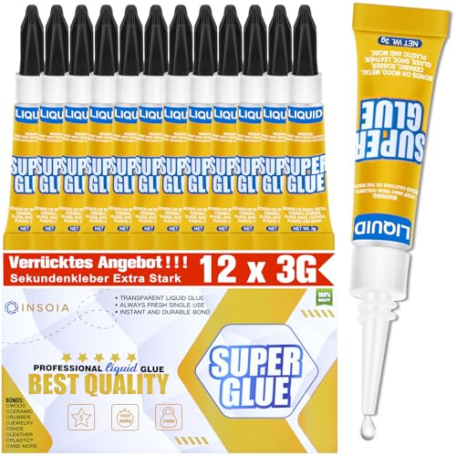 Sekundenkleber extra stark Flüssig 12 x 3 g，Universal alleskleber Mini Set | Kleber Mini-Tuben Präzise Anwendung, Transparent, Wasserfest,Schuhe, für Holz, Metall, Kunststoff, Keramik, Gummi, modellbau