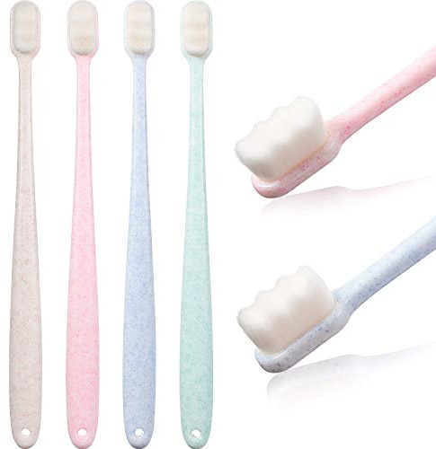 4 Stück Extra Weiche Zahnbürsten 20000 Borsten Zahnbürste Mikro Nano Handzahnbürste für Zerbrechliches Zahnfleisch Erwachsene Kinder(Blau, Grün, Rosa, Beige)