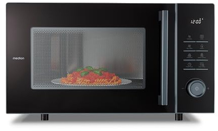 MEDION Mikrowelle mit Grill und Heißluft, Airfryer & Heißluftfritteuse, 25 Liter, 900 W Mikrowellenleistung, Backofenfunktion, inkl. Air fryer Zubehör - Grillrack & Backteller - MD12231 dunkel grau