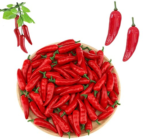 Hezhou 60 Stück Künstliche Lebensechte Mini Pfeffer Chili (Rot) | Obst Kunstobst Künstliche Chili Gemüse Dekoration für Zuhause,Küche,Garten,Innendekoration,Realistische Gefälschte