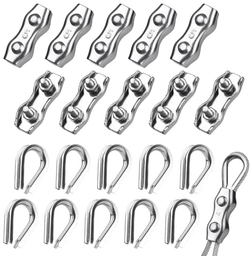 Nadisean 20 Stück Drahtseilklemme 5mm, M5 Seilklemme Set mit 10 Stück Seilklemmen 5mm & 10 Stück Drahtseil Kauschen 5mm, Edelstahl 304 Kabelklemme für 3-4mm Drahtseil Stahlseil Wäscheleine Fixiert