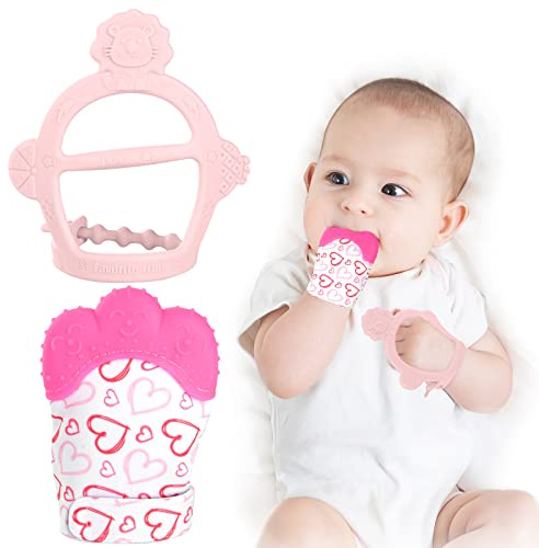 Vicloon Beißring Baby, Baby Spielzeug und Zahnungshilfe für 0 3 6 Monate, Beißhandschuhe, BPA Frei,Beruhigen Sie wundes Zahnfleisch,Handschuhe Beißring Spielzeug-Rosa