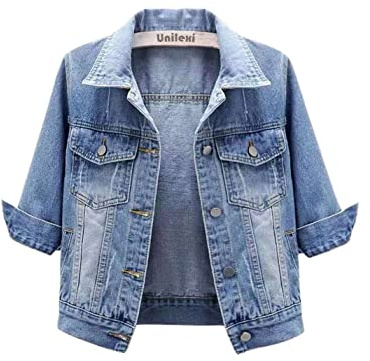 Unilexi Damen Jeansjacke mit 3/4-Ärmeln, farbige kurze Jeansjacke, kurze Jeansjacke, Trucker-Mantel, Hell, blau, M