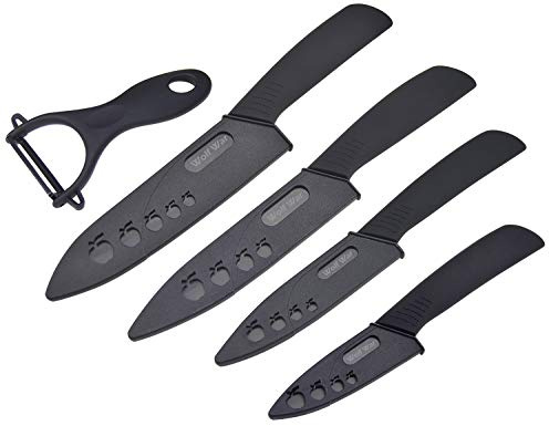 Wolf War keramikmesser, Keramikmesser Set mit Schutzhülle, Küchenmesser Set mit 4-teilig Messer und 1 Sparschäler, Kochmesser Sets für Fleisch, Obst, Gemüse - Schwarz