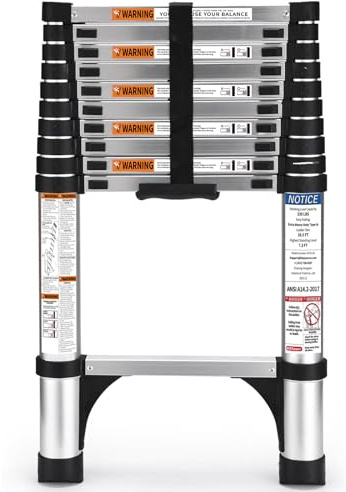HBTower Teleskopleiter 3,2 m aus Aluminium, Klappbare Ausziehleiter mit Rutschfesten Füßen, Leicht & Kompakt, Tragkraft 150 kg, Ideal für Deckenarbeiten & Dachböden, Silber
