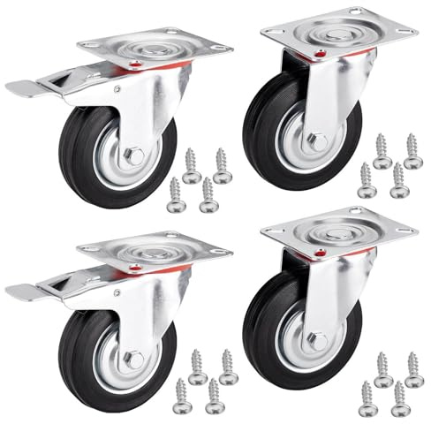4er SET SOTECH Transportrollen RED Ø 125 mm 2x Lenkrollen Höhe 151 mm | 2x Lenkrollen mit Bremse Anschraubplatte 100 x 82 mm Traglast bis 440 Kg Möbelrolle