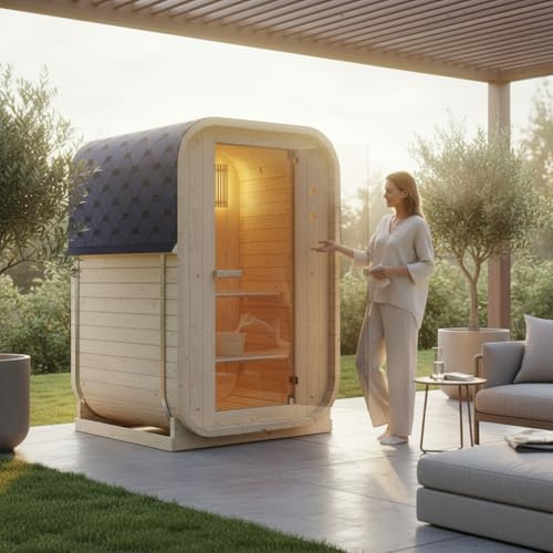 WELCON® EASYHEAT Solo Fasssauna Outdoor 120x120x194 cm – Gartensauna aus Fichtenholz für 1–2 Personen mit 3,6 kW Elektroofen 230V, Saunasteinen & Aufgusseimer
