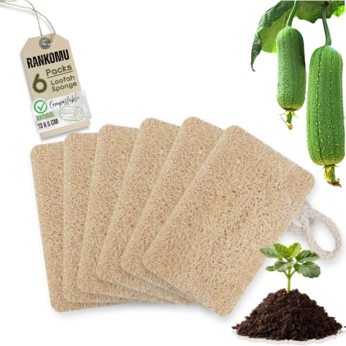 Rankomu 6 Stück Bio Luffaschwamm-Groß(13x8cm), Natürlicher Umweltschutz Küchenschwämme 100% Biologisch Abbaubar Kompostierbar Doppelseitig Mit Aufhängebändchen Küche Bad Haushalt Reinigung