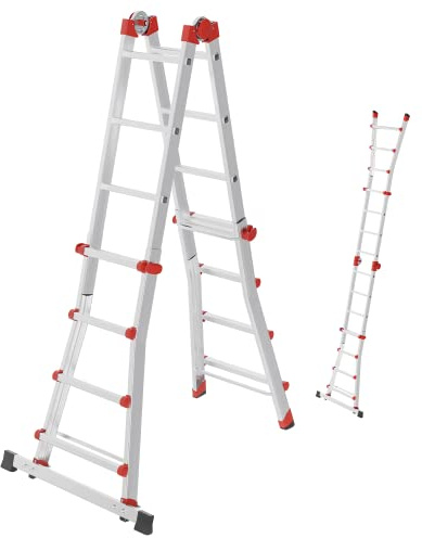 Hailo M80 Alu-Multifunktionsleiter - Schiebeleiter 4 x 4 Sprossen belastbar bis 150 kg - Sicherheitsgelenke und Rastgriffe - sprossenweise höhenverstellbar - Mehrzweckleiter rostfrei - Silber