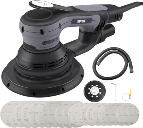 SPTA Elektrischer Exzenterschleifer, Bürstenloser Exzenterschleifer,mit 125mm/150mm Schleifteller,3mm Schleifhub, 5-Stufiger Drehzahlregelung bis 4.000-10.000 U/min, 20x Klett-Schleifpapier.-OS603EU