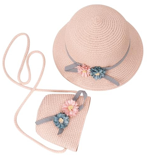Tunejoy Strohhut und Kleine Tasche Set Mädchen Kinder Sommer Sonnenhut mit Blumendekoration für den Urlaub Reise Outdoor-Aktivitäten
