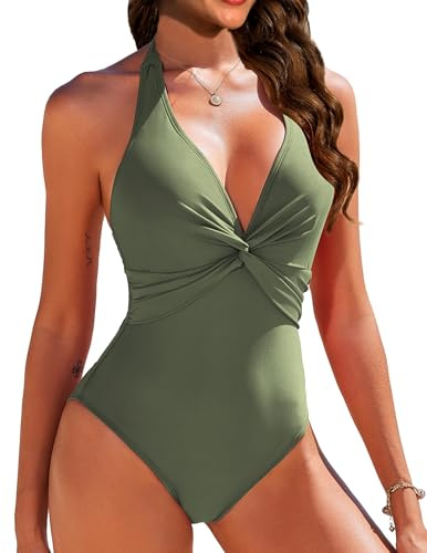 AI'MAGE Einteiliger Badeanzug Damen V-Ausschnitt Neckholder Bademode Swimsuit，S-XXL