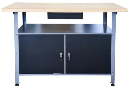 Werkbank aus Metall mit 30 mm Sperrholzplatte, verschließbaren Türen und Schublade, Maße (BxTxH): 120 x 85 x 60 cm
