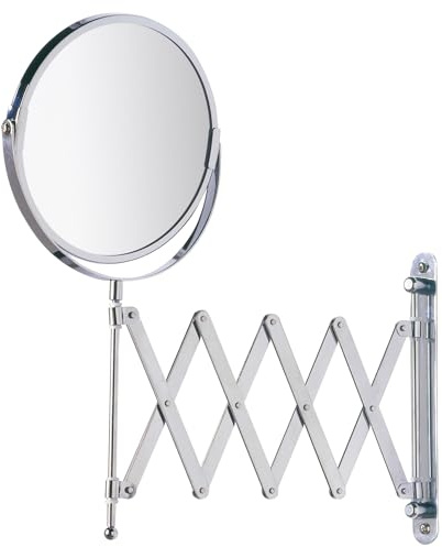 WENKO Kosmetik-Wandspiegel Teleskop Exclusiv, Kosmetikspiegel mit 3-Fach Vergrößerung, Stufenlos ausziehbar, Schwenkbar, Höhenverstellbar, Spiegel: Ø 16 cm, 19 x 38,5 x 50 cm, Chrom
