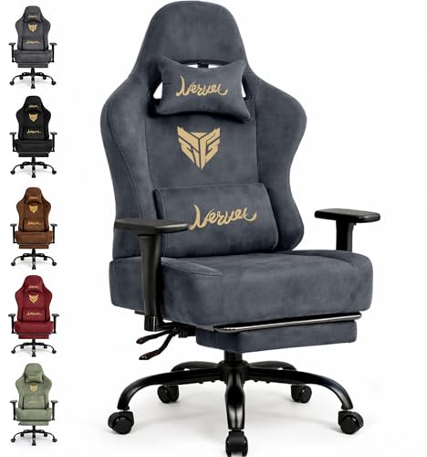 Gaming Stuhl Chair Gamer Sessel-Stoff Wildlederimitat Gamer Stuhl mit Fußstütze Lendenkissen Kopfstütze Höhenverstellbar 3D Armlehnen mit Mehrfach Verstellbaren Armen Gamingstuhl 200 Kg Grau