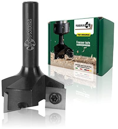 Fraiser Tornado - Planfräser Holz mit Schnittdurchmesser 35 mm und 8 mm Schaft, 3 austauschbaren HM-Wendeplatten - Flächenfräser, Kantenfräser und Nutfräser für CNC und Oberfräse
