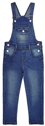 KIDSCOOL SPACE Denim-Overalls für Mädchen, gewaschene große Latzklappentaschen, weicher, dehnbarer Overall, Tiefblau, 11–12 Jahre