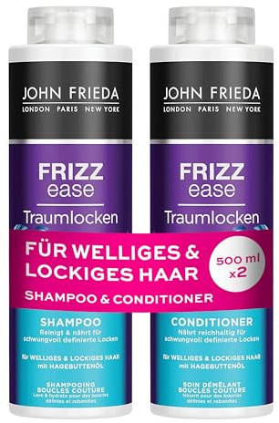 John Frieda Traumlocken Shampoo/Conditioner Vorteils-Set - Inhalt: 1x Shampoo 500ml & 1x Conditioner 500 ml - Nachfüllbar - Frizz Ease Serie - Für lockiges & welliges Haar