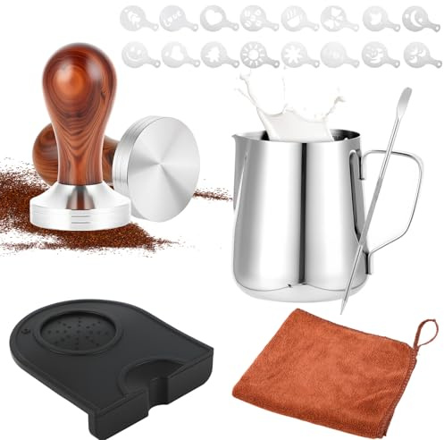 Kaffee Tamper 51mm Set Edelstahl, Espresso Zubehör mit 350ml Milchkännchen | Espresso Zubehör Set • Holzgriff Tamper • Latte Art Stift • 16 Schablonen • Leicht zu reinigen für Baristas