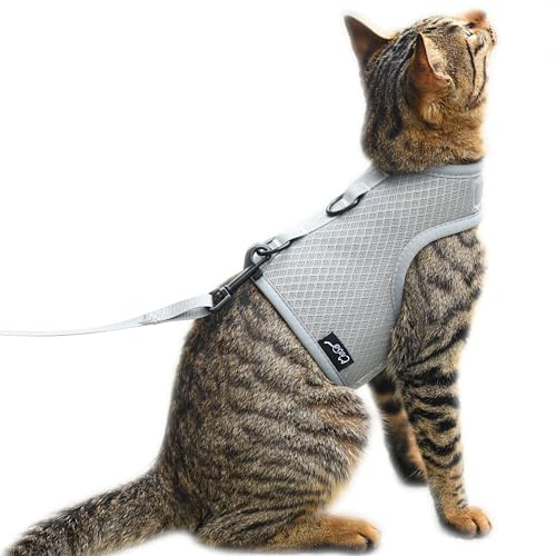 Katzengeschirr und Leine zum Spazierengehen, ausbruchsicher, atmungsaktives Netzgewebe, grau, groß, verstellbare Katzen-Spazierjacken, gepolstert, stilvolle Katzenweste