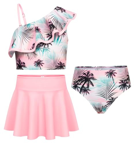 GRACE KARIN Mädchen Dreiteiliges Bikini Set Tankini Verstellbar Schultergurt Oberteil mit Bikinibrief und Schwimmrock Rosa Palme 7 Jahre
