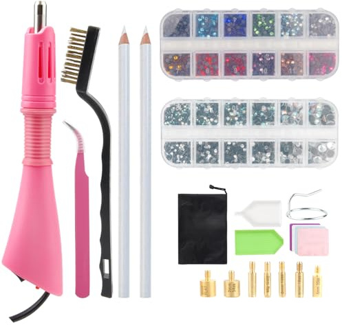 SWAWIS Hotfix Strasssteine Applikator Hotfix Applikator 2 Boxen Strass | Mix Farbe Flache Glitzersteine mit 7 Applikatorspitzen für Textilien Hotfix Strass Applikator Set