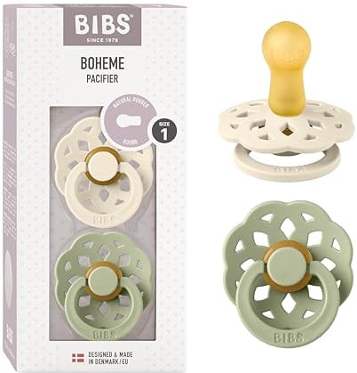 BIBS Boheme Schnuller 2er-Pack. BPA-frei, Kirschform Nippel. Naturkautschuk/Latex, Hergestellt in Dänemark. 0-6 Monate (2er Pack), Ivory/Sage