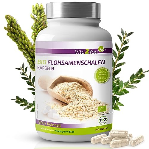 Vita2You Bio Flohsamenschalen Kapseln - 360 Kapseln - 750mg pro Kapsel - Flohsamen Schalen hochdosiert - Biologischer Anbau - Premium Qualität