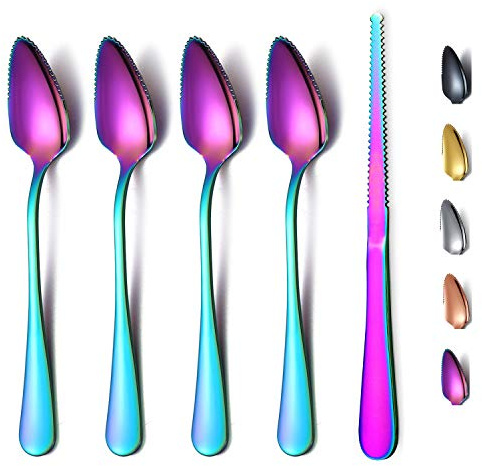 Regenbogen-Grapefruitlöffel 5-Teiliges Set, 4 Grapefruitlöffel aus Edelstahl und 1 Grapefruitmesser mit Titanbeschichtung, Grapefruit-Utensilenset, gezackte Kanten Löffelpackung mit 5 Stück