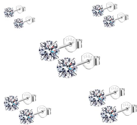 5 Paare 925 Silber Ohrringe Set Stecker Diamant Mädchen Ohrstecker Herren in 3, 4, 5, 6, 7mm für Damen Männer