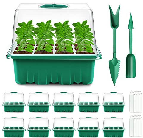 Verdenu 10 Stück Zimmergewächshaus Anzuchtkasten, 120 Zellen Mini Gewächshaus für den Start des Sämlingswachstums, Keimungskits mit grünem Mini-Gewächshausboden, 8.4CM Höhe der Feuchtigkeitskuppel