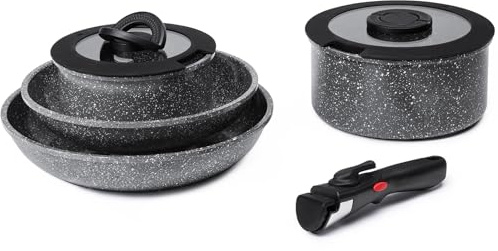 ROSSETTO 7-teilige Topfset Induktion mit abnehmbarem Griff und keramische Antihaftbeschichtung, stapelbar forged Aluminium Kochtopf Set mit Glasdeckel, Bratpfanne, Kasserolle