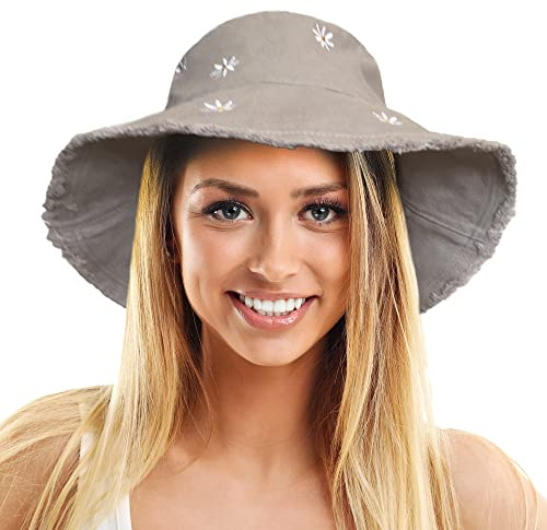 TOSKATOK Damen-Sonnenhut mit LSF 50+ Weich gewaschener Baumwolle mit gestickten Gänseblümchenmotiven, formbarer Krempe und ausgefransten Rändern