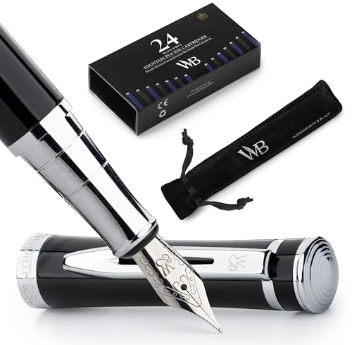 Wordsworth & Black Füller Set Edel, Kalligraphie, Luxus, Feder M, Schwarz | Füllfederhalter, Fountain Pen, Geschenk für Männer & Frauen, Deutsches Iridium, Hochwertig, Konverter + 24 Tintenpatronen