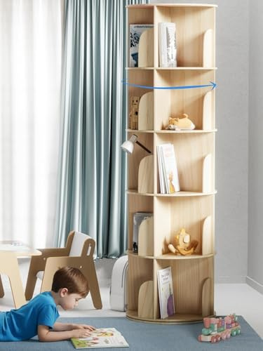 KINDAHOLZ 360° Drehbares Bücherregal Kinder - Kiefernholz Bücherregal Drehbar Kinder mit 5 verstellbaren Ebenen 160x46x46 cm - Drehregal, Standregal