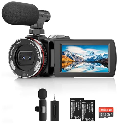 4K-Camcorder, 64 MP 30 fps Vlogging-Kamera mit kabellosem Mikrofon für YouTube, Ultra HD 7,6 cm Flipscreen, 21 x Digitalzoom Videorecorder-Kamera mit 64 GB SD-Karte, Fernbedienung und 2 Batterien