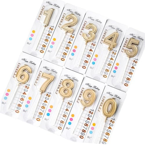QHFlashbuy 10 Stück Geburtstag Zahl Kerzen,Kuchenkerzen Nummer 0-9 Geburtstagskerzen,Gold Geburtstagskerzen mit Haltern für Geburtstagsfeier Tortendeko Hochzeit Dekoration