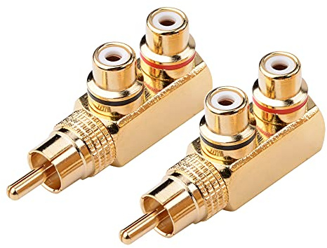 euroharry 2 Stück Cinch Splitter Adapter, Cinch Verteiler 1 auf 2, 90 Grad rechtwinkliger Stecker auf 2 Buchsen, AV Splitter