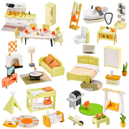 Giant bean Puppenhaus Möbel Holz Set, 85pcs Modernes Puppenhaus mit 6 Zimmern, Puppen Zubehör Spielzeug für Jungen, Mädchen und Kleinkinder 3+ Jahren