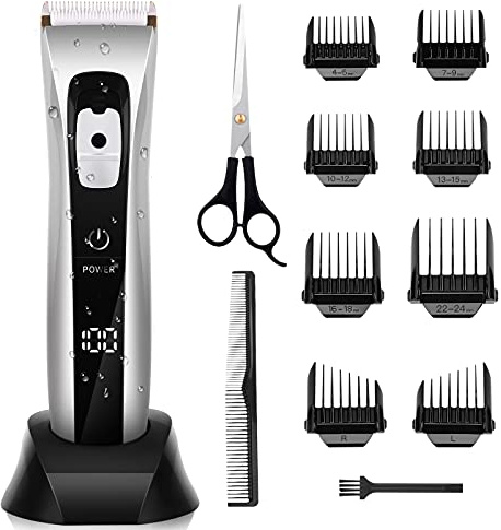 Profi Kabellos Haarschneidemaschine Set, Haarschneider Bartschneider für Herren, Haarschneidemaschine Wasserdicht mit LCD-Display, 150 Min Laufzeit, 8 Aufsätzen