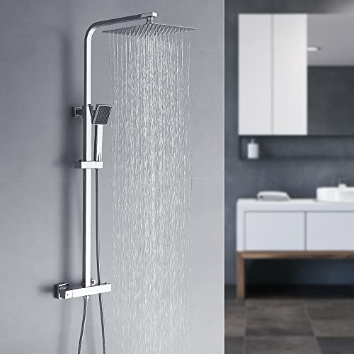 WasserHoy Duschsystem mit Thermostat, Edelstahl Dusche Regendusche Set Duschamaturenset Duschset mit 25 * 25cm Duschkopf mit schlauch, Verstellbare Duschstange, Sicherheitssperre bei 38°C, Chrom