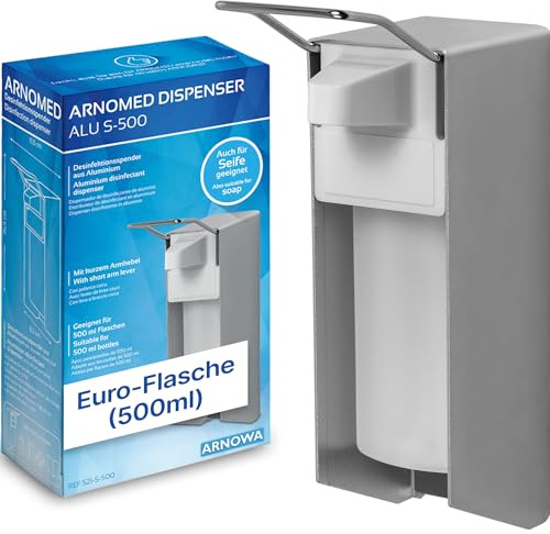 1x ARNOMED Desinfektionsspender Aluminium, Seifenspender für 500ml, kurzer Armhebel, Seifenspender zur Wandbefestigung, Eurospender für Desinfektionsmittel, Soap Dispenser, Desinfektionsmittelspender