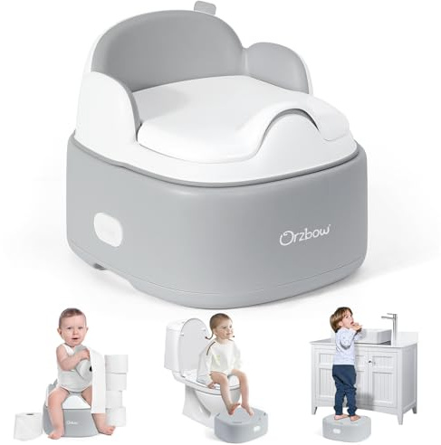 Orzbow Multifunktional Töpfchen für Kinder, Grau | Universell Toilettensitz mit Tritthocker, Verstaubar, Gepolstert, Leicht zu Reinigen, Glatt und Gratfrei
