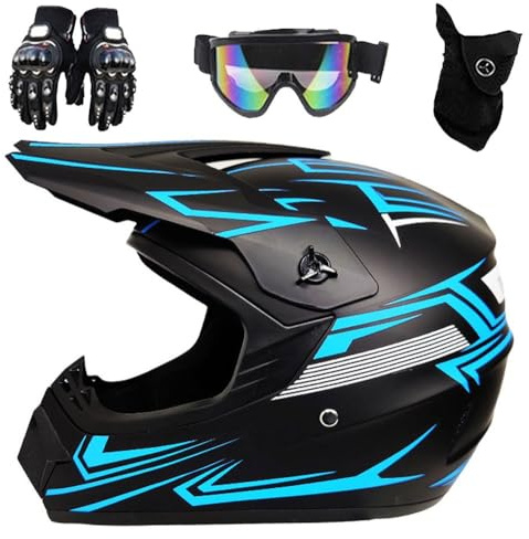 Motorradhelm für Jugendliche und Kinder, DOT-geprüft, Offroad-Motorrad-Crashhelm mit Schutzbrille, Handschuhen und Maske, Schutz für Kinder, Motocross, Offroad, Straße, Dirtbike, BMX, MX, ATV(905 Blue