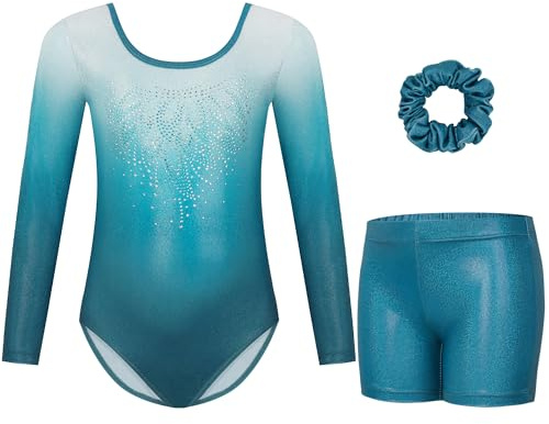 Gogokids Mädchen Dreiteilige Gymnastikanzüge, Langärmliges Gymnastik Set mit Shorts und Haarband, Glitzernde Balletteinheitstrikots - Gymnastik Outfit mit Farbverlaufdesign für 8-9 Jahre